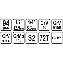 Gola sada 1/2", 1/4" + příslušenství 94 ks YATO YT-12681