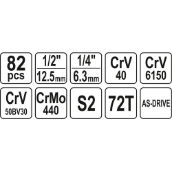 Gola sada 1/2", 1/4" + příslušenství 82 ks YATO YT-12691