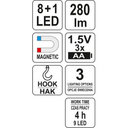 Lampa montážní 8+1 LED, hák+magnet YATO YT-08513
