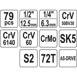 Gola sada 1/2', 1/4'' + příslušenství 79 ks YATO YT-38911