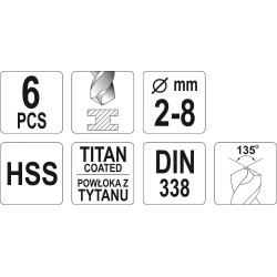 Sada vrtáků do železa HSS TiTAN 6ks 2-8mm YATO YT-44673