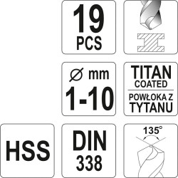 Sada vrtáků do železa HSS TITAN 19ks 1-10mm YATO YT-44675