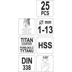 Sada vrtáků do železa HSS TITAN 25ks 1-13mm YATO YT-44676