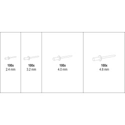 Nýt hliníkový sada 400ks (2,4, 3,2, 4,0, 4,8mm) YATO YT-36420
