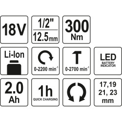 Rázový utahovák AKU 1/2" 18V 300Nm YATO YT-82804