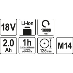 Bruska úhlová AKU 125 mm 18V 10000 ot. YATO YT-82826