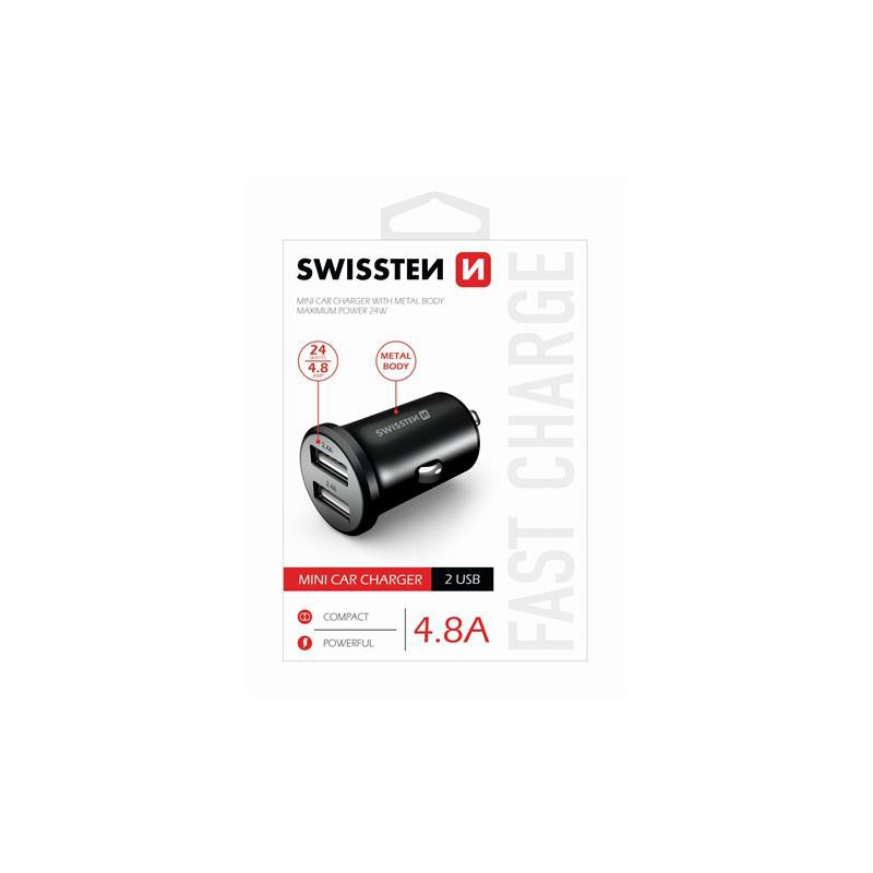 Nabíječka CL 2x USB, 12V-24V, 5V, 4800mA, nabíjení mobilních telefonů a GPS, černá SWISSTEN